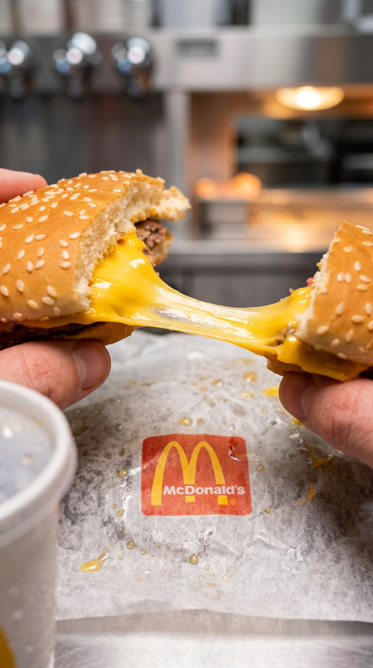 Cheese pull close-up — Quarter Pounder mid-bite — Italy · Instagram story