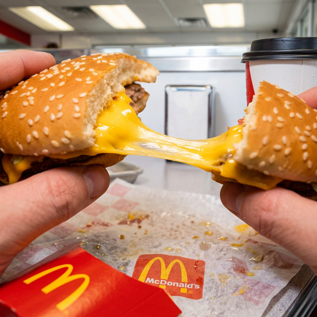 Cheese pull close-up — Quarter Pounder mid-bite — Italy · Instagram feed