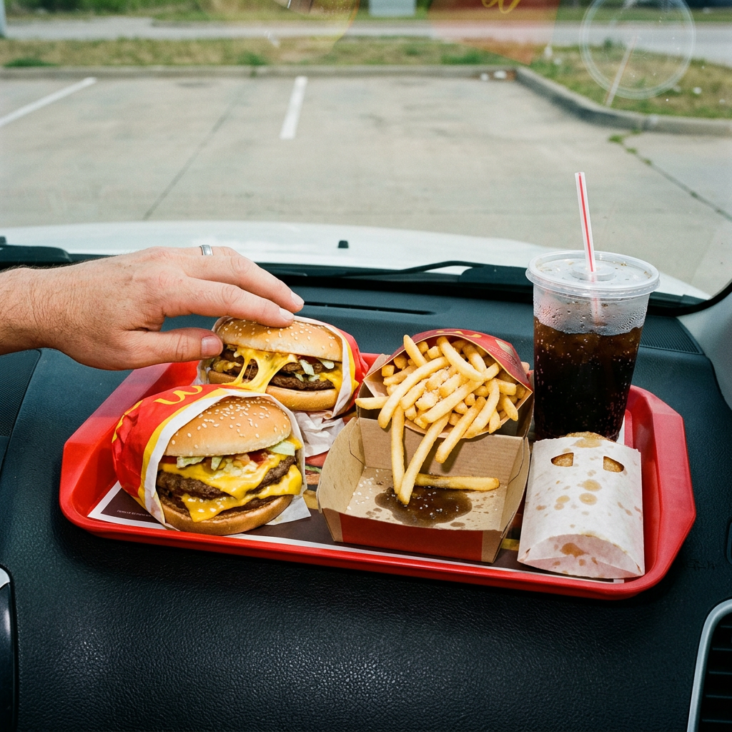 red plastic tray balanced on car dashboard, empty parking lot through windshield