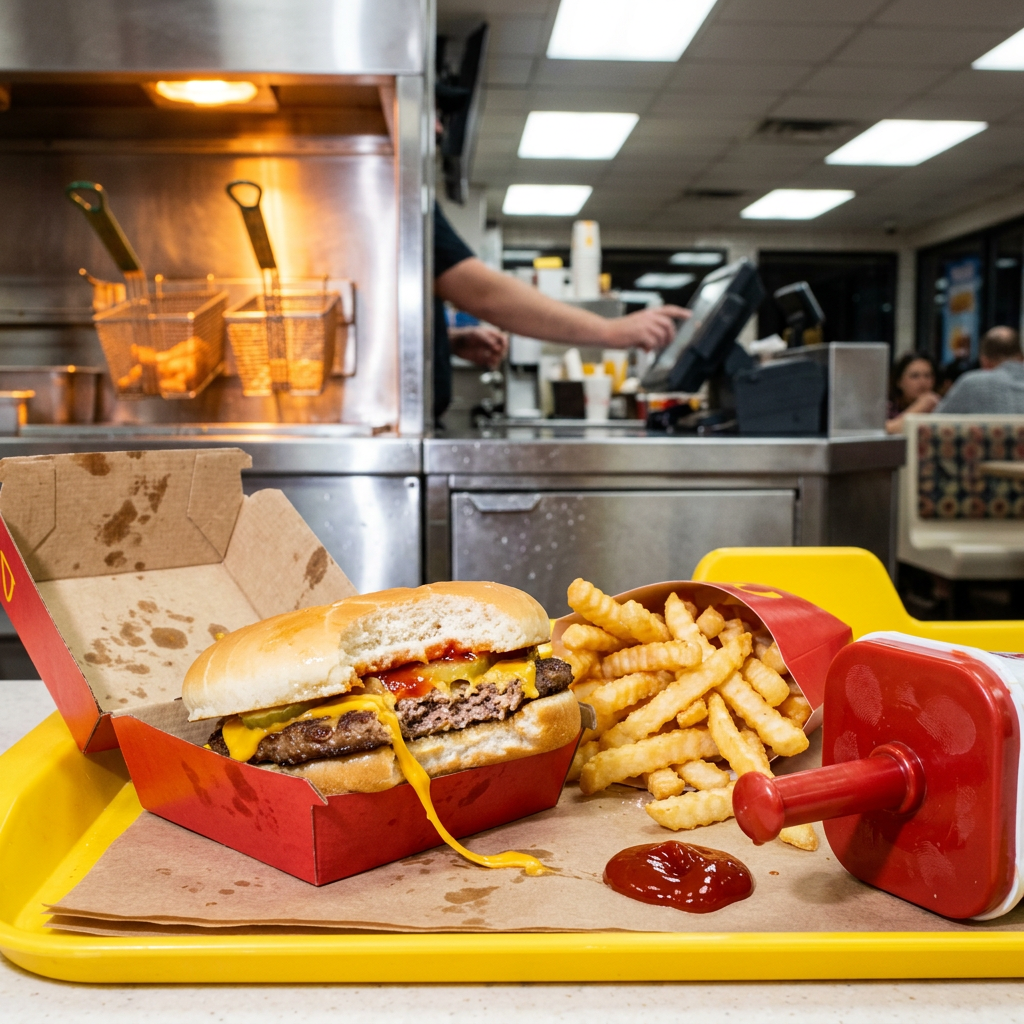 ketchup pump dispenser, puddle of sauce pooling on brown tray insert