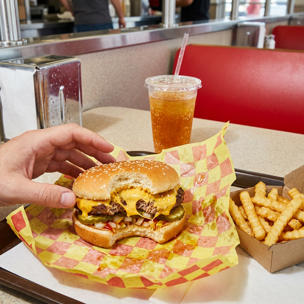 grease-translucent wrapper crumpled beside unwrapped cheeseburger, bite missing