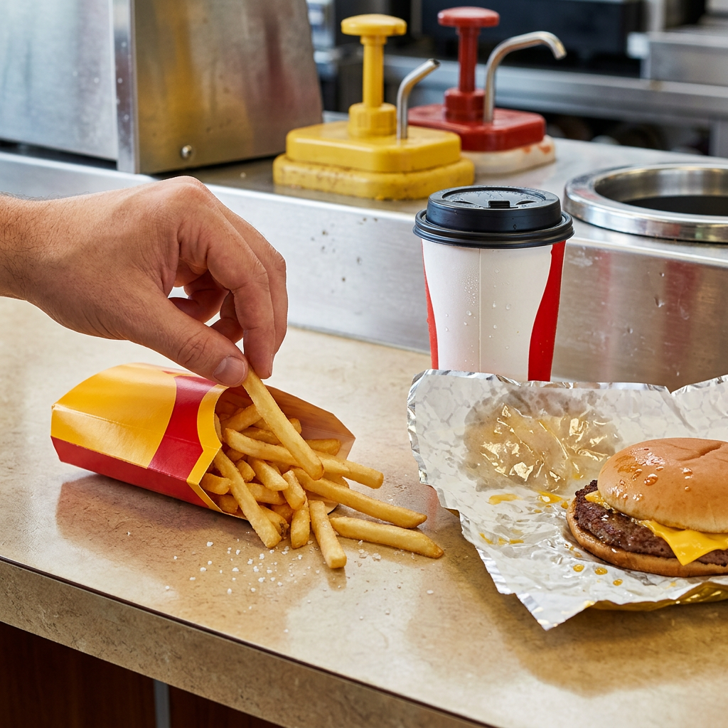 fry container tipped sideways, salt crystals scattered across laminate tabletop