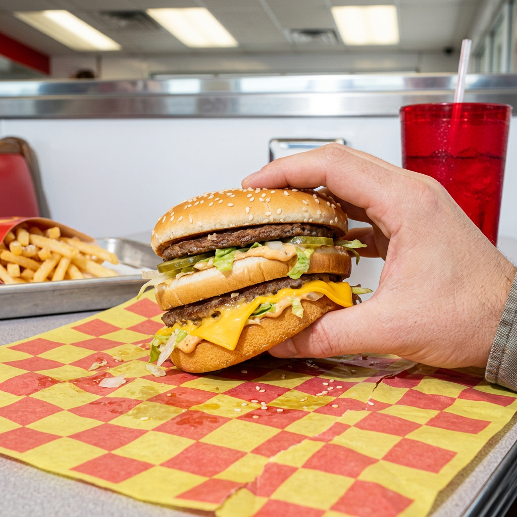 thumb pressing into Big Mac bun, sesame seeds scattering onto paper wrapper