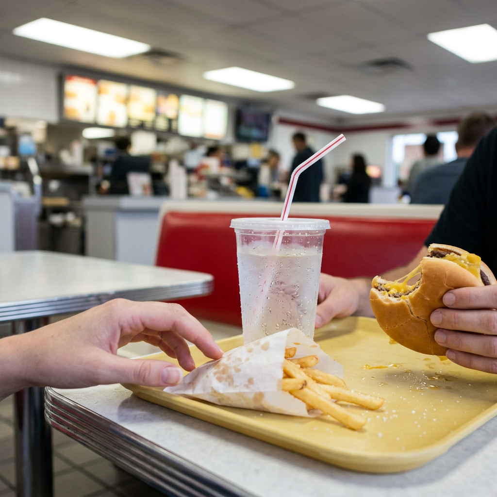 condensation streak running down clear soda cup, straw bent at angle