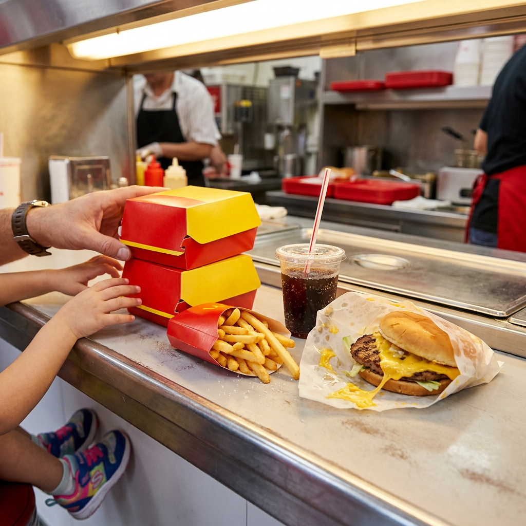 two Happy Meal boxes stacked on booth table, small sneakers visible underneath