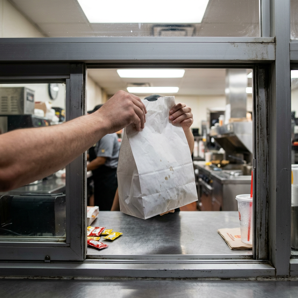 hand reaching through drive-thru window, white paper bag suspended mid-exchange