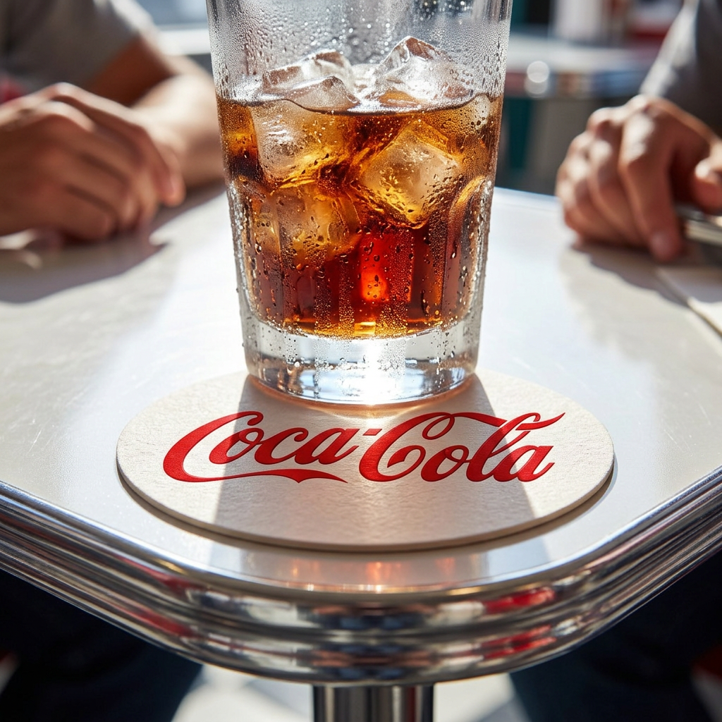 Red-printed coaster under iced glass on chrome diner table top.