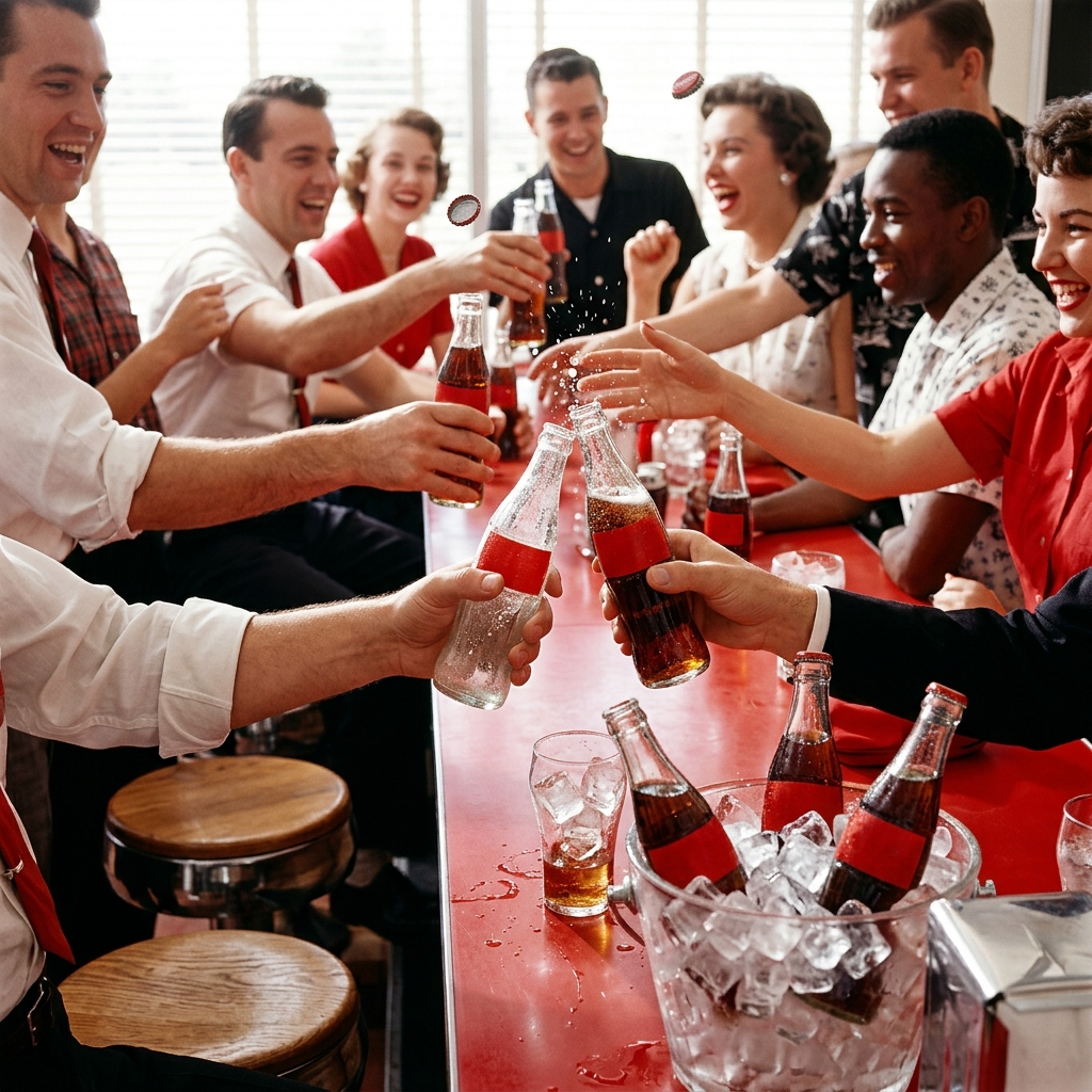hand reaching across red diner counter, bottle cap spinning mid-air