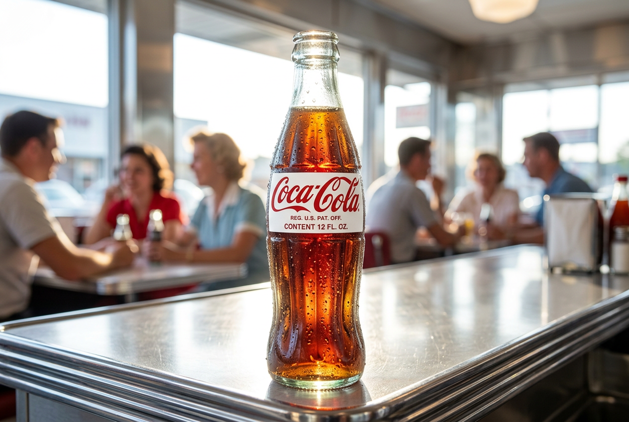 Contour bottle on chrome diner counter, condensation catching hard light.