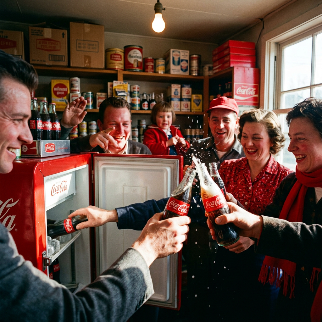 red vending machine door swinging open in dark corner store, single bulb overhead