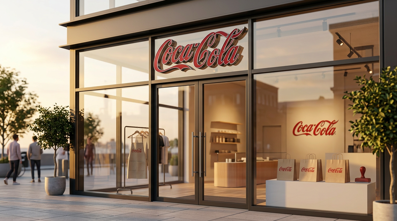 Red enamel shopfront signage with chrome detail in evening light.