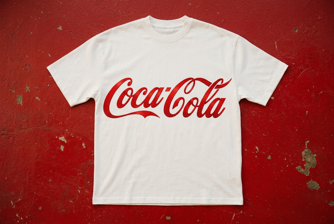 White t-shirt with red screen-print on painted concrete floor.