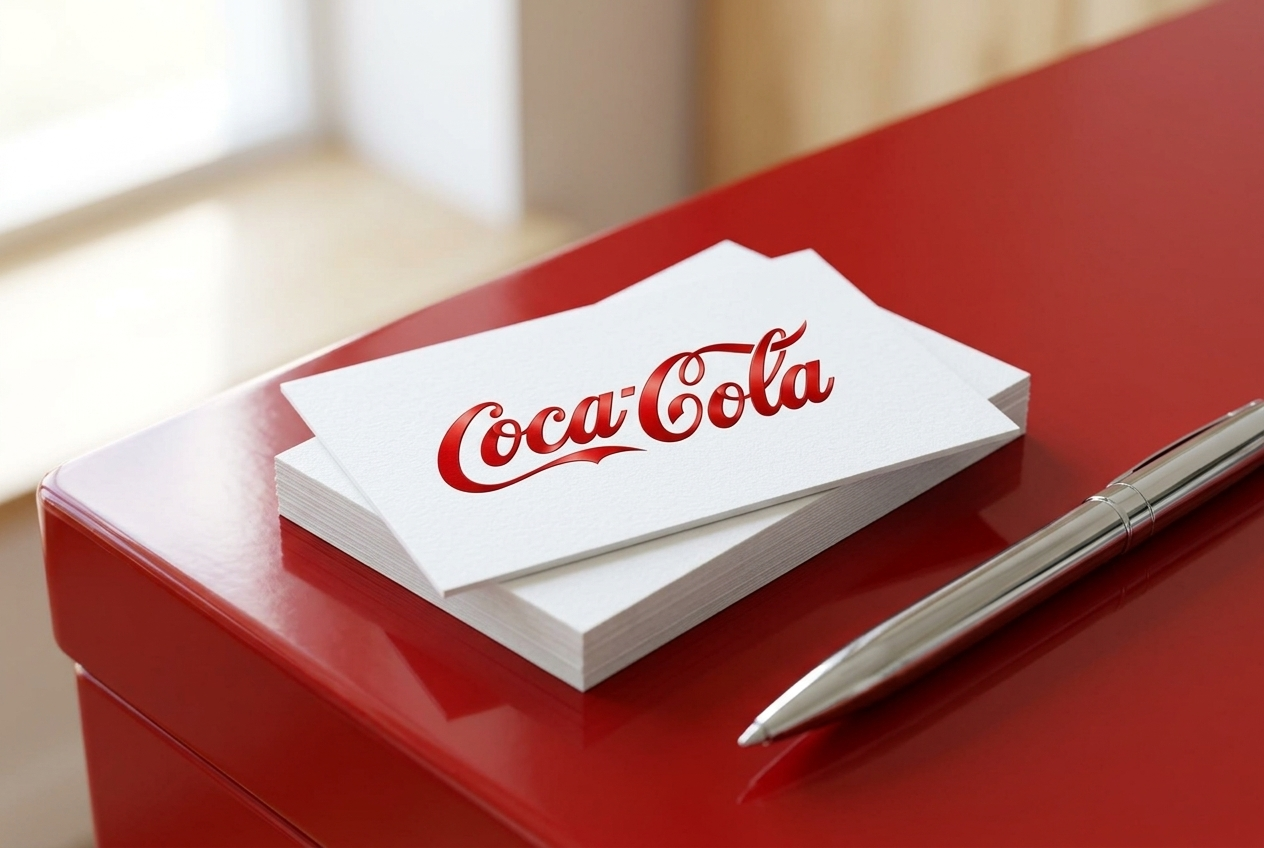 Crisp white business cards on red lacquer desk, geometric simplicity.