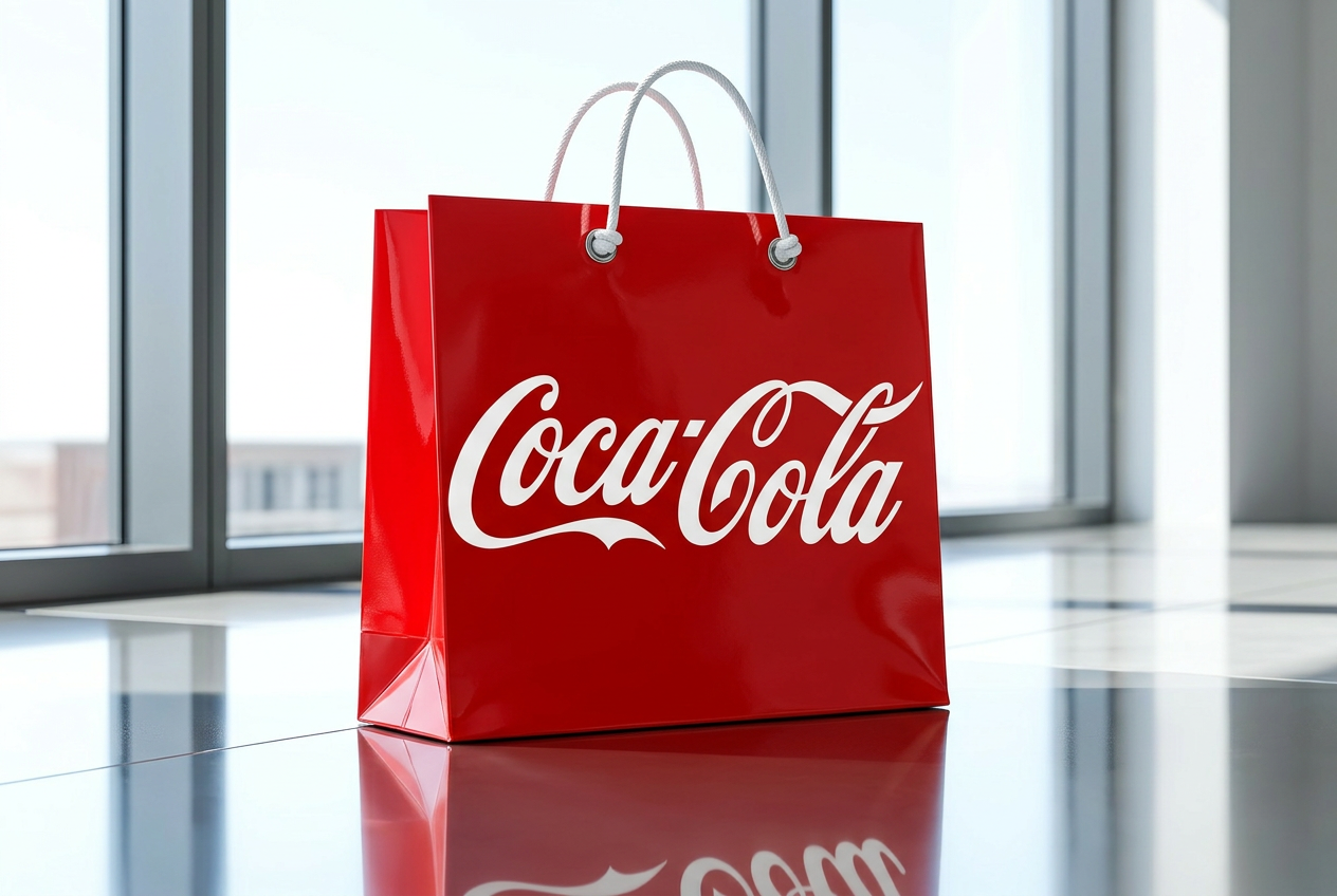 Glossy red shopping bag with white logo on chrome floor.