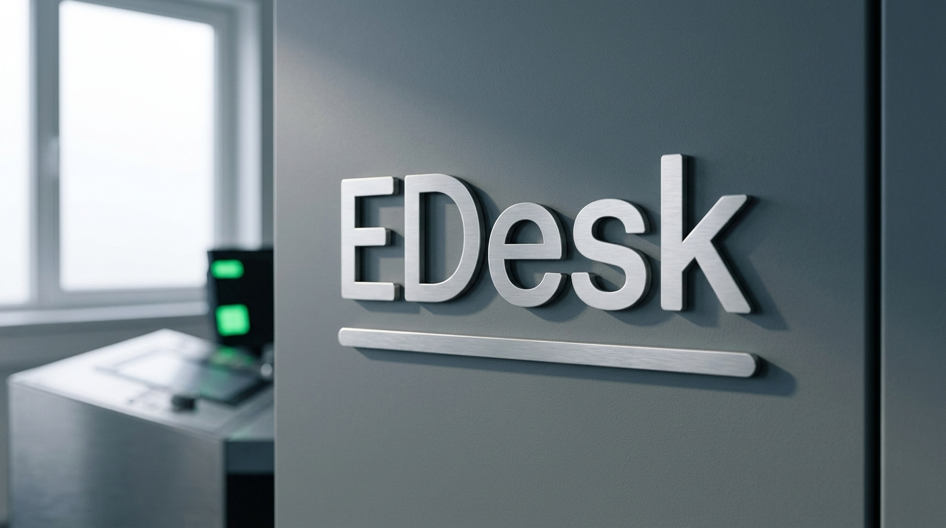 Brushed aluminum wall signage in slate operations center — aerospace precision applied to interiors