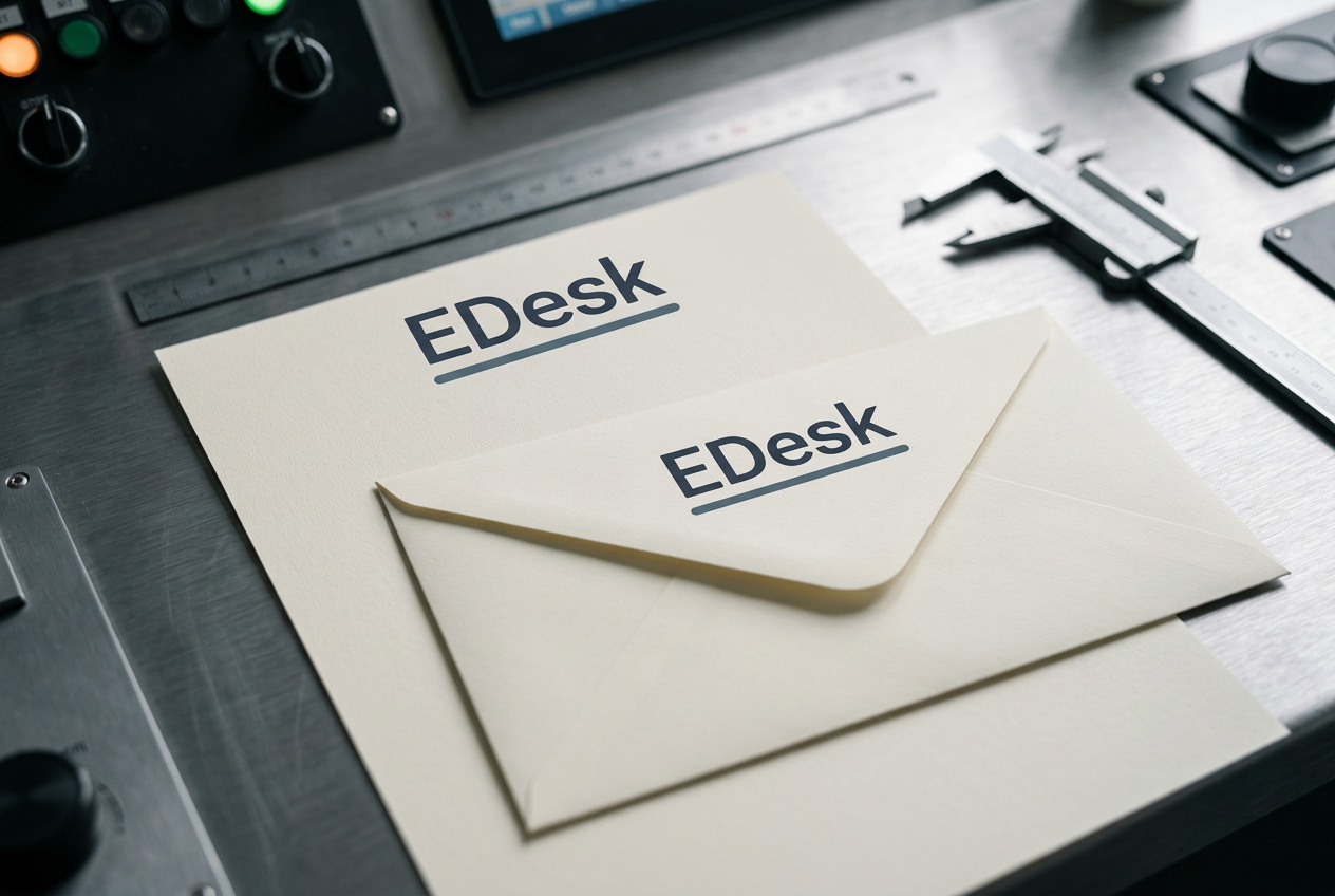 Letterhead and envelope on brushed steel desk — documentation-grade operational stationery