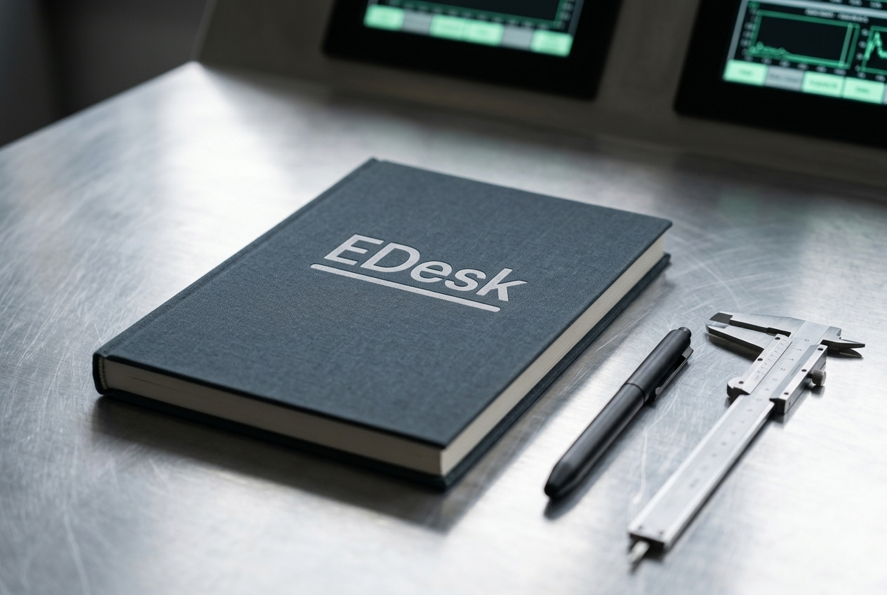 Operations notebook in Control Room Slate on aluminum desk beside precision tools
