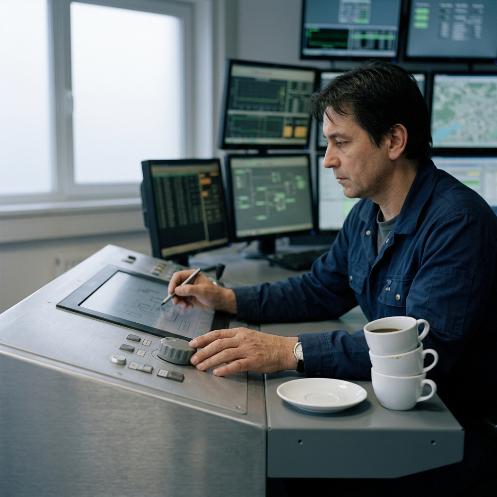 stacked white porcelain coffee cups beside a dimly glowing multi-screen workstation