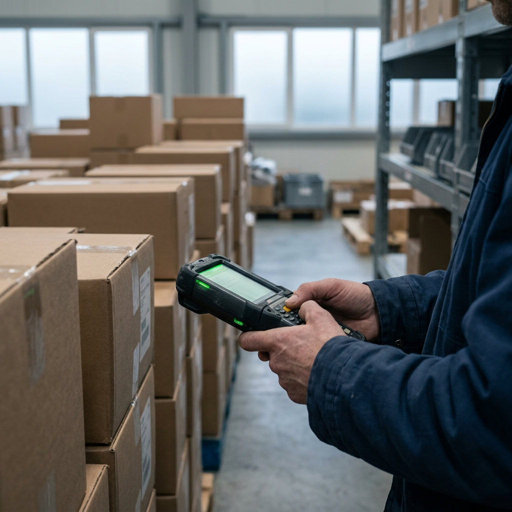 warehouse floor with rows of organized shipping boxes and one person checking a handheld device