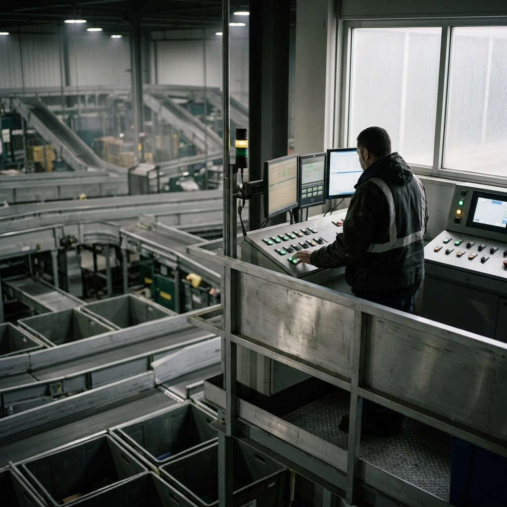 wide view of a sorting facility's conveyor system with a single figure monitoring from an elevated platform