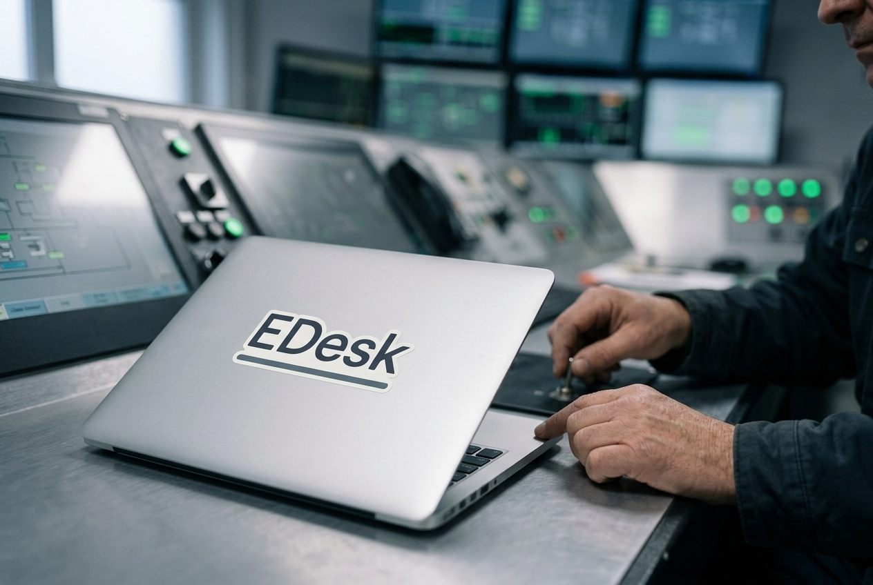 Die-cut laptop sticker in operations environment — dashboard displays glowing behind workspace