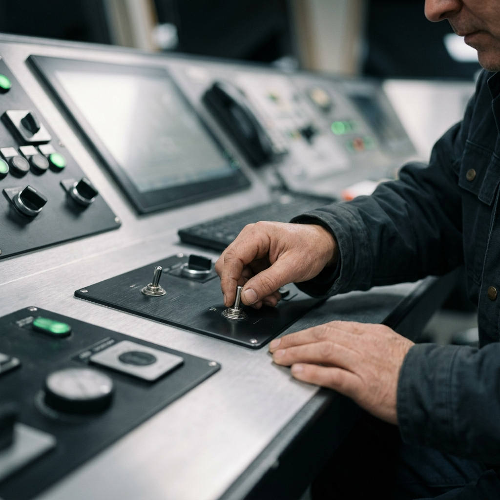 operator's hand adjusting a steel toggle switch on a matte black control panel