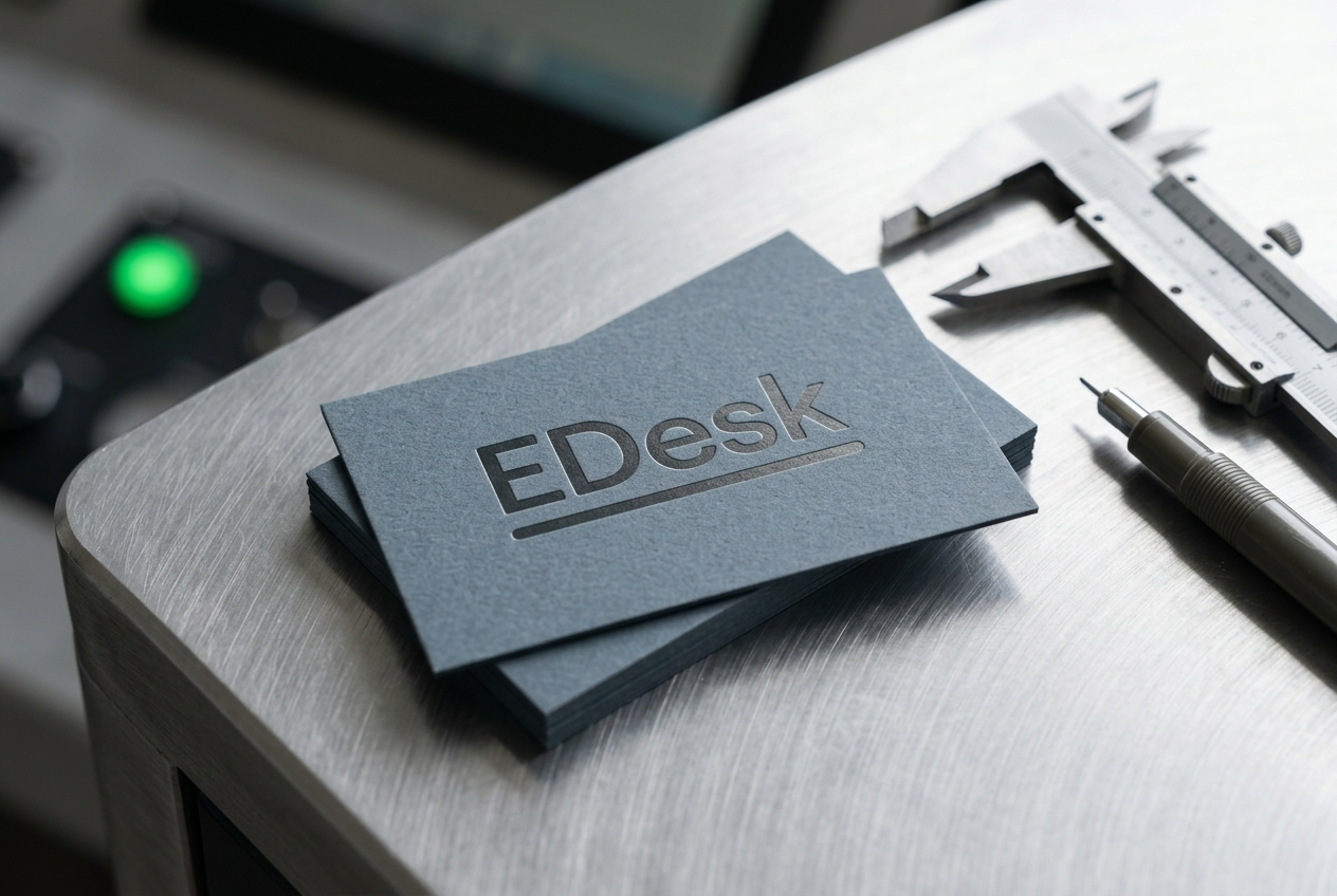 Embossed business cards in Control Room Slate on brushed steel operations desk